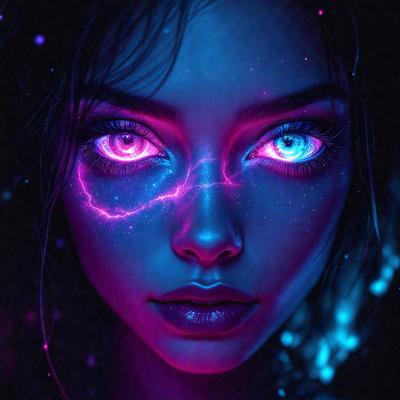 The primary subject of the image is a woman with purple eyes and a blue background. The visual style appears to be a digital art or illustration, creating a unique and striking appearance. The colors and mood of the image are predominantly purple and blue, giving it a mysterious and otherworldly atmosphere.